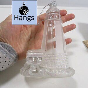 Clear Lighthouse Blown Glass Christmas Ornament with White Glitter details